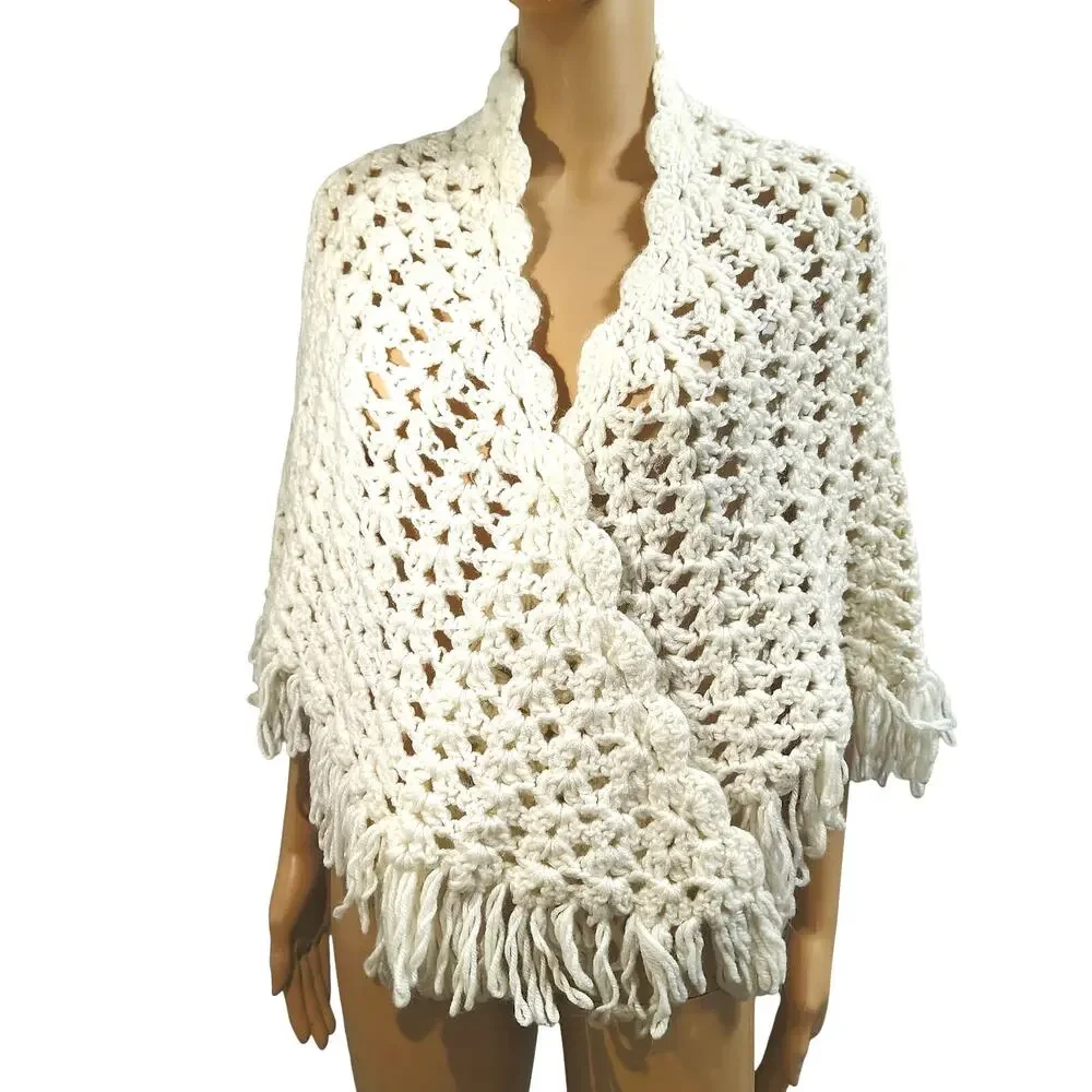 70s Cream Handmade Knit Acrylic Open-Knit Crochet Capelet Shawl Fringe Border OS